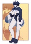 anthro big_breasts black_body black_fur blue_eyes breasts cleavage clothed clothing female fingerless_(marking) footwear fur hair huge_breasts jacket looking_at_viewer shoes smile solo topwear white_body white_fur butter_sugoi butter_sugoi_(character) mammal procyonid raccoon hi_res