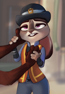 4_fingers ambiguous_gender anthro belt biped black_body black_fur blurred_background bottomwear bowler_hat buckteeth clothed clothed_anthro clothed_female clothing countershade_face countershading dipstick_ears duo ear_markings eyebrows female female_focus fingers fully_clothed fully_clothed_anthro fully_clothed_female fur grey_body grey_fur hand_on_chest hand_on_face hat headgear headwear high-vis long_ears male multicolored_body multicolored_ears multicolored_fur open_mouth orange_body orange_fur pants police police_uniform purple_eyes safety_vest solo_focus teeth topwear two_tone_body two_tone_fur uniform vest white_body white_fur qupostuv35 disney zootopia judy_hopps lagomorph leporid mammal rabbit 2022 hi_res source_request unavailable_at_source