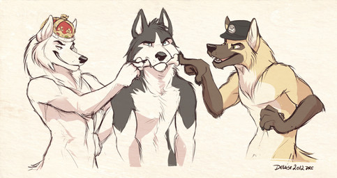 anthro black_nose bone clothing crown group grumpy hat headgear headwear male simple_background denucard canid canine canis domestic_dog mammal digital_media_(artwork)