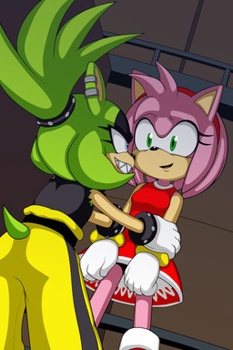 anthro arm_grab blue_eyes bracelet clothed clothing dress ear_piercing eye_contact female female/female fur gloves green_body green_eyes green_fur handwear jewelry looking_at_another piercing pink_body pink_fur ring sharp_teeth studded_bracelet studded_jewelry studs teeth thin_thighs vulapa idw_publishing sega sonic_the_hedgehog_(comics) sonic_the_hedgehog_(idw) sonic_the_hedgehog_(series) amy_rose surge_the_tenrec afrosoricid eulipotyphlan hedgehog mammal tenrec 2024 2:3 hi_res