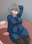 5_fingers anthro big_breasts biped blue_bottomwear blue_clothing blue_jacket blue_skirt blue_topwear bottomwear breasts business_suit clothed clothed_anthro clothed_female clothing eyebrow_through_hair eyebrows female fingers front_view frown grey_background grey_body grey_hair grey_scales hair half-closed_eyes hand_behind_head high-angle_view humanoid_hands jacket long_tail looking_at_viewer markings medium_hair narrowed_eyes necktie non-mammal_breasts red_eyes scales simple_background sitting skirt solo striped_markings stripes suit tail text thick_thighs topwear translucent translucent_hair wide_hips hyuvevo what_words_can't_say serena_daniels_(wwcs) dinosaur irritator prehistoric_species reptile scalie 2025 absurd_res artist_name colored hi_res shaded