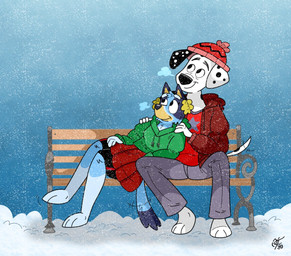age_progression anthro bench black_ears black_nose black_spots blue_body blue_fur clothing duo female feral floppy_ears fur heterochromatic_ears holidays jacket male park_bench pink_inner_ear red_clothing red_jacket red_topwear snow spots topwear white_body white_fur white_spots unclescooter 101_dalmatian_street 101_dalmatians bluey_(series) christmas disney bluey_heeler dylan_(101_dalmatians) australian_cattle_dog canid canine canis cattledog dalmatian domestic_dog herding_dog mammal pastoral_dog 2023 crossover