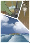5_fingers aircraft airplane anthro bottomwear clothing cloud fingers green_body illuminated island light_bulb male onomatopoeia pants plant pole reaching_for_object sea sky solo sound_effects sun text tree vehicle water boganafoganasee_(artist) gaijin_entertainment war_thunder yokosuka_d4y absurd_res comic hi_res shaded simple_shading