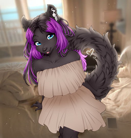 anthro arm_support bare_shoulders bed black_body black_eyebrows black_fur black_hair black_nose black_tail blue_eyes blurred_background clothing collarbone day dress eyebrows eyelashes female fur furniture hair heart_symbol high-angle_view inner_ear_fluff long_hair looking_at_viewer multicolored_hair on_bed open_mouth photo_background purple_hair sitting smile smiling_at_viewer solo tail tuft two_tone_hair white_bedding white_clothing white_dress white_inner_ear_fluff window sugarrrpeach cassi_(silverclone) domestic_cat felid feline felis mammal 2023 colored digital_drawing_(artwork) digital_media_(artwork) hi_res mixed_media photography_(artwork) shaded