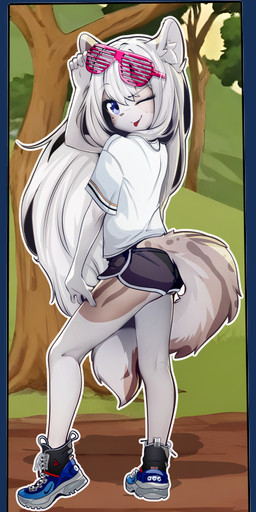 5_fingers anthro biped bottomwear clothed clothing dolphin_shorts eyebrows eyelashes eyewear fangs female fingers fluffy fluffy_tail footwear fully_clothed grass hair happy hotpants humanoid_hands inner_ear_fluff leaf long_hair looking_at_viewer looking_back looking_back_at_viewer one_eye_closed outside plant plantigrade rear_view shirt shoes shorts sky smile sneakers solo standing sunglasses tail teeth tongue tongue_out topwear trail tree tuft wink winking_at_viewer young young_anthro young_female ai_assisted ai_generated_background sicmop leonie_(hendric) domestic_cat felid feline felis mammal 6:13 absurd_res alpha_channel hi_res