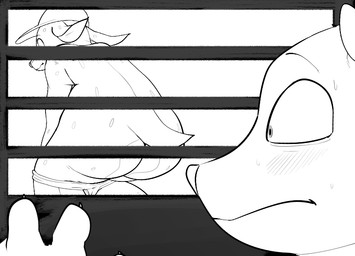 ambiguous_gender anthro blush bodily_fluids butt clothing duo female hat headgear headwear hiding in_locker locker panties standing sweat sweatdrop underwear undressing voyeur dotkwa disney zootopia dotbear_(dotkwa) fan_character rella_(chillyjackal) bear deer mammal 2018 greyscale monochrome