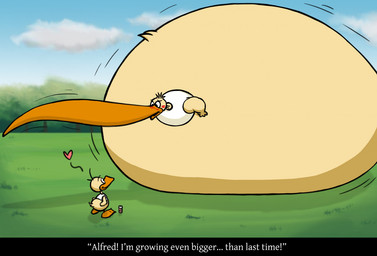 andy_(alfred_j._kwak) anthro clothing duo growth growth_lines hyper hyper_inflation inflation male sleeveless_shirt tail text topwear weight_gain white_clothing white_topwear z-botz alfred_j._kwak_(series) alfred_j._kwak anatid anseriform avian bird duck english_text