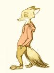 anthro barefoot biped bottomwear clothed clothing feet fully_clothed fur hoodie orange_body orange_fur pants side_view simple_background solo standing tan_background topwear marema_kishin disney zootopia nick_wilde canid canine fox mammal red_fox true_fox 2019 hi_res