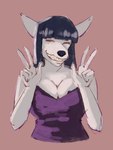 anthro black_hair breasts clothing dress eyes_closed female gesture hair hand_gesture purple_clothing purple_dress salmon_background simple_background smile solo teeth win-victory-love pppanth miki_(pppanth) canid canine fox fox_spirit mammal 3:4 hi_res