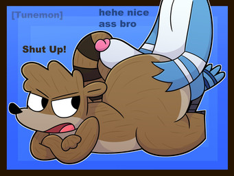 anthro big_butt butt dialogue duo genitals hot_dogging male male/male penis sex text tunemon cartoon_network regular_show mordecai_(regular_show) rigby_(regular_show) avian bird blue_jay corvid jay_(bird) mammal new_world_jay oscine passerine procyonid raccoon english_text hi_res