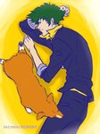 duo eyes_closed formal green_hair hair male mouth_closed sleeping cowboy_bebop ein_(cowboy_bebop) spike_spiegel canid canine canis domestic_dog herding_dog human mammal pastoral_dog welsh_corgi 3:4