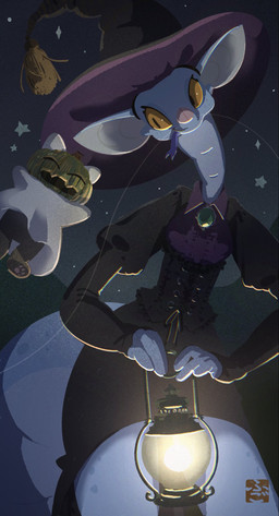 4_toes ambiguous_gender anthro barefoot black_clothing black_dress blue_body clothed clothing dress duo feet female female/ambiguous floating food for_a_head fruit ghost_costume hat headgear headwear lamp lantern looking_at_another night pawpads paws pink_pawpads plant pumpkin pumpkin_head simple_background size_difference smaller_ambiguous soles star toes tongue tongue_out witch_hat yellow_eyes fu_go_fu_go mythology dragon felid feline felis mammal mythological_creature mythological_scalie object_head scalie hi_res