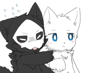 anthro black_body black_fur black_sclera blue_eyes blush bodily_fluids chest_tuft duo frown fur gesture hand_gesture male male_anthro mask neck_tuft open_mouth pointing simple_background sweat tuft white_background white_body white_eyes white_fur chano changed_(video_game) lin_(changed) puro_(changed) canid canine canis mammal wolf digital_media_(artwork)