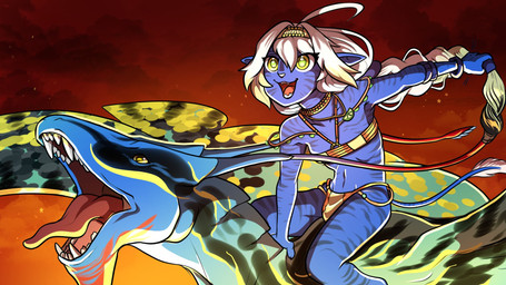 alternate_species ambiguous_feral ambiguous_gender armband bangs bent_leg black_bottomwear black_clothing black_loincloth black_markings blue_armband blue_body blue_skin blue_tail bottomwear bra braided_hair clothed clothed_female clothed_humanoid clothing duo embers eyelashes eyelashes_through_hair female female_humanoid feral fingers flat_chested flying fully_clothed fully_clothed_female fully_clothed_humanoid green_pupils grey_stripes hair holding_own_hair humanoid_pointy_ears jewelry larger_ambiguous larger_feral light loincloth long_hair markings multicolored_body multicolored_skin multicolored_wings navel necklace open_mouth open_smile orange_bra orange_clothing orange_underwear outside pointy_ears pupils red_tongue riding sharp_teeth sitting_on_another size_difference smaller_female smaller_humanoid smile smoke straight_arms stripes tail teeth tongue translucent translucent_hair underwear white_hair white_nose wings yellow_eyes yellow_wings gaelfox james_cameron's_avatar mythology vtuber laimu alien dragon humanoid ikran mythological_creature mythological_scalie na'vi scalie tailed_humanoid 16:9 2025 colored colored_line_art digital_drawing_(artwork) digital_media_(artwork) english_description hi_res lighting shaded widescreen