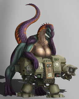 annoyed anthro breasts claws cleavage clothed clothing duo eyes_closed female green_body green_scales grey_background hand_on_face looking_at_another machine male mecha non-mammal_breasts nude on_top_of_another orange_body orange_scales purple_body purple_scales ranged_weapon sarcophagus scales simple_background size_transformation spikes spikes_(anatomy) tail tan_body tan_scales transformation weapon taumaturg-iv dreadnought_(warhammer_40000) dinosaur dreadnoughtus prehistoric_species reptile robot saurischian sauropod sauropodomorph scalie hi_res