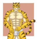 abs anthro athletic biceps big_muscles clothed clothing clothing_pull eyebrows fur male muscular muscular_anthro muscular_male nipples one_eye_closed pecs solo stripes thick_eyebrows topless underwear underwear_pull wink kraidhiel morenatsu torahiko_(morenatsu) felid mammal pantherine tiger hi_res