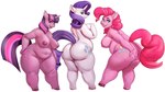 anthro anthrofied belly big_belly big_breasts big_butt breasts butt equid equine female friendship_is_magic group group_nudity hair hand_on_butt hand_on_own_butt hasbro holding_butt hooves horn huge_butt huge_thighs mammal my_little_pony mythological_creature mythological_equine mythology nipple_dip nipples nude obese overweight pink_body pink_hair pinkie_pie_(mlp) purple_body purple_hair rarity_(mlp) shaded short_stack simple_background soft_shading standing tail thick_thighs trio twilight_sparkle_(mlp) unicorn vondranart white_background white_body wide_hips