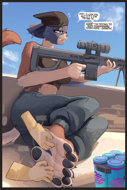 3_toes 5_fingers anthro barefoot beanie bodily_fluids claws clothed clothing countershade_feet countershade_torso countershading dialogue disembodied_hand duo feet feet_together female fingers foot_fetish gloves_(marking) gun hat headgear headwear heel_pad hindpaw holding_object markings motion_lines pawpads paws plantigrade ranged_weapon rifle sniper_rifle sweat text tickling tickling_feet toe_claws toes weapon rz54 epic_games fortnite meow_skulls calico_cat domestic_cat felid feline felis mammal 2025 absurd_res digital_media_(artwork) english_text hi_res