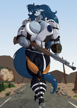 alternate_universe anthro big_breasts big_muscles breasts cleavage clothed clothing female gun hooves huge_breasts huge_muscles hyper hyper_breasts hyper_muscles muscular muscular_anthro muscular_female pip-boy ranged_weapon rifle sniper_rifle solo the_institute_insignia unguligrade weapon godforoth fallout fallout_equestria hasbro microsoft my_little_pony fan_character the_institute_(fallout) bat_pony equid equine horse mammal pony absurd_res hi_res