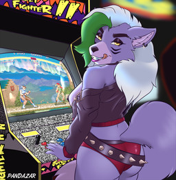 anthro arcade arcade_machine bedroom_eyes belt butt clothed clothing ear_piercing female highlights_(coloring) jacket leather leather_clothing leather_jacket leather_topwear narrowed_eyes neon_lights nipples partially_clothed piercing seductive solo studded_belt studs tongue tongue_out topless topwear pandazar capcom five_nights_at_freddy's five_nights_at_freddy's:_security_breach scottgames steel_wool_studios street_fighter roxanne_wolf canid canine canis mammal wolf 2025 digital_media_(artwork)