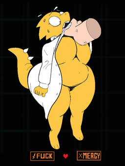 anthro big_breasts black_background breasts clothed clothing coat duo eyewear female glasses lab_coat male male/female midriff non-mammal_breasts simple_background tail teeth text topwear under_boob yellow_body goz-o undertale undertale_(series) alphys lizard reptile scalie colored english_text hi_res