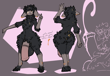 abstract_background animal_genitalia animal_penis anthro balls big_balls big_penis black_body black_fur black_wool bodily_fluids butt cum cum_on_own_penis cum_on_penis cum_on_self cumshot ejaculation equine_genitalia equine_penis erection flaccid flared_penis fluffy fluffy_butt fluffy_chest fluffy_hair fluffy_thighs front_view fur genital_fluids genitals gesture hair hand_gesture hooves horizontal_pupils horn huge_balls huge_penis hyper hyper_balls hyper_genitalia hyper_penis kneeling male masturbation medial_ring orange_eyes penis pupils rear_view side_view small_horn smile smiling_at_viewer solo standing tan_body tan_skin text thick_thighs v_sign wool_(fur) conditional_dnp lodi_(artist) bovid caprine goo_creature mammal sheep english_text hi_res model_sheet
