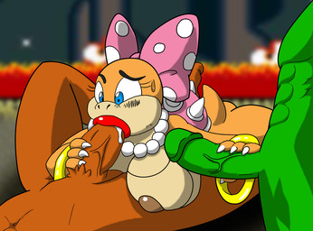 accessory anthro big_breasts blue_eyes blush bodily_fluids bow_(feature) bow_accessory bow_ribbon breasts butt centered_hair_bow claws cum cum_in_mouth cum_inside detailed_background erection faceless_character faceless_male fellatio female game_background genital_fluids genitals group group_sex hair_accessory hair_bow hair_ribbon interspecies jewelry lips lipstick lying makeup male male/female navel necklace nipples non-mammal_breasts non-mammal_nipples nude on_back oral oral_penetration pattern_accessory pattern_bow penetration penile penis penis_grab red_lips red_lipstick ribbons sex spikes spotted_accessory spotted_bow thick_lips threesome trio vein veiny_penis ckt cricket-inc thegeckoninja donkey_kong_(series) mario_bros nintendo bowser donkey_kong_(character) koopaling wendy_o._koopa dragon_koopa haplorhine koopa mammal monkey primate reptile scalie 2010 cel_shading digital_drawing_(artwork) digital_media_(artwork) shaded