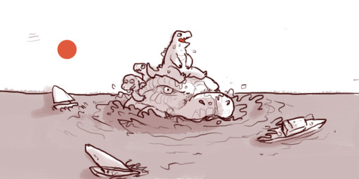 ambiguous_gender boat carrying_another group on_head on_top on_top_of open_mouth outside sailing_boat sailing_watercraft sea sitting sky sun vehicle water watercraft young iguanamouth godzilla_(series) monsterverse toho godzilla kaiju reptile scalie 2:1