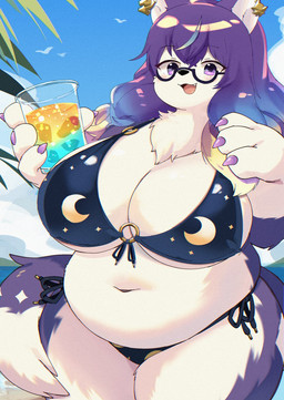 4_fingers anthro beach beverage big_breasts bikini black_bikini black_bikini_bottom black_bikini_top black_clothing black_nose black_swimwear blonde_hair blue_hair breasts claws cleavage clothed clothing cloud crescent_(shape) detailed_background dipstick_tail ear_piercing eyebrow_through_hair eyebrows eyewear fangs female finger_claws fingers fluffy fluffy_tail fur glasses gloves_(marking) hair half-rim_glasses happy holding_beverage holding_object huge_breasts kemono looking_at_viewer markings multicolored_body multicolored_fur multicolored_hair navel neck_tuft open_mouth open_smile overweight overweight_anthro overweight_female palm_tree piercing plant purple_body purple_eyes purple_fur purple_hair sand sea side_boob sky smile smiling_at_viewer solo swimwear tail tail_markings teeth thick_thighs translucent translucent_hair tree tuft two-piece_swimsuit under_boob water wearing_glasses white_body white_fur wide_hips akitaka lifewonders tokyo_afterschool_summoners hecate_(tas) avian bird canid canine canis domestic_dog gull lari larid mammal 2025 hi_res portrait three-quarter_portrait