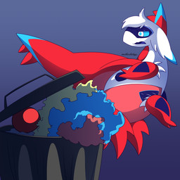 ambiguous_gender blue_body blue_ears blue_pupils blue_sclera blue_tongue blue_wings claws clown_nose clown_wig feral hair multicolored_body multicolored_ears pupils red_wings solo tongue trash_can two_tone_body two_tone_ears two_tone_wings white_claws white_ears white_eyes white_hair wings motherlatias nintendo pokemon generation_3_pokemon latias legendary_pokemon pokemon_(species) 1:1 2025 hi_res