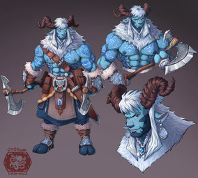 abs amber_eyes areola axe bag biceps biped blue_body blue_nose blush body_hair chest_fur chest_hair chest_tuft ear_piercing ear_ring facial_hair fluffy front_view fur fur_collar group hair hooved_toes hooves horn male markings melee_weapon muscular muscular_arms muscular_humanoid muscular_male navel nipple_outline nipples piercing pink_inner_ear ring_piercing serious serious_face striped_markings stripes sword tuft weapon white_body white_fur white_hair yellow_eyes ottobum animal_humanoid bovid bovid_humanoid bovine bovine_humanoid caprine caprine_humanoid horned_humanoid humanoid mammal mammal_humanoid sheep sheep_humanoid absurd_res hi_res