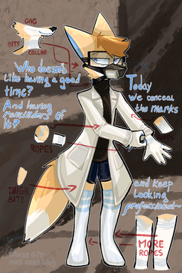anthro bite_mark bottomwear clothing coat eyewear gas_mask goggles lab_coat legwear male markings mask rope_marks shorts solo stockings sweater thigh_highs topwear turtleneck mossky canid canine fennec_fox fox mammal true_fox hi_res