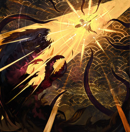 abstract_background action_pose ambiguous_gender armor claws duo feral headgear helmet holding_melee_weapon holding_object holding_polearm holding_shield holding_spear holding_weapon melee_weapon open_mouth polearm pose sharp_teeth shield size_difference spear sword teeth tentacles weapon dominik_mayer hasbro magic:_the_gathering wizards_of_the_coast human mammal monster absurd_res hi_res official_art