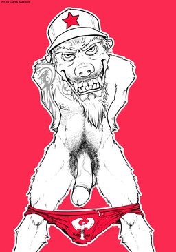 anthro axe balls bodily_fluids clothed clothing dripping erection facial_hair foreskin fur genital_fluids genitals goatee grin hat headgear headwear humanoid_genitalia humanoid_penis looking_at_viewer male melee_weapon mustache navel nipple_piercing nipples partially_clothed penis piercing precum pubes rape_face red_background simple_background smile smirk solo standing star tattoo teeth underwear underwear_down undressing vein veiny_penis weapon garek_maxwell badger mammal mustelid musteline 2017 hi_res