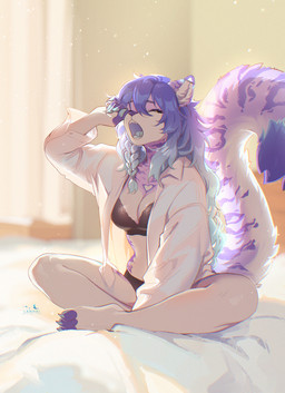 anthro barefoot biped bra breasts claws clothed clothed_anthro clothed_female clothing feet female finger_claws fingers front_view hair inside open_mouth panties paws sitting solo tail teeth toe_claws toes tongue underwear yawn lanhai lily_(crystalscar) felid feline mammal 2026 digital_drawing_(artwork) digital_media_(artwork) hi_res