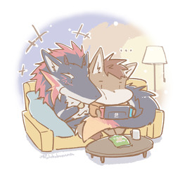 anthro brown_body brown_fur duo fur furniture gaming hair male on_sofa playing_video_game sitting sitting_on_sofa sofa tail young young_anthro young_male lokabrenna mythology nintendo nintendo_switch dragon mythological_creature mythological_scalie scalie 1:1 2025 chinese_description hi_res