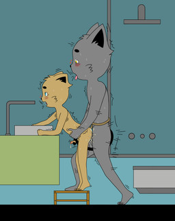 adult_on_young age_difference anthro bathroom blue_eyes bodily_fluids butt cum cum_in_mouth cum_inside duo ejaculation genital_fluids genitals grey_body intersex intersex/male kneeling male male/male male_penetrated penetration penis sex tail yellow_body yellow_eyes young younger_penetrated wolpix max_the_cat min_the_cat domestic_cat felid feline felis mammal absurd_res hi_res brother_(lore) brothers_(lore) sibling_(lore)