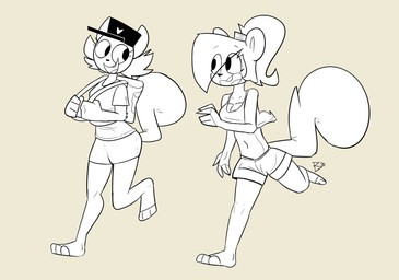 accessory anthro arm_tuft backpack bottomwear breasts buckteeth clothed clothing duo eye_contact eyelashes female female/female fur hair hair_accessory hairband hat headgear headwear heart_symbol hotpants looking_at_another navel open_mouth running shirt shorts simple_background smile teeth topwear tuft buxy happy_tree_friends fan_character frag_(mcsweezy) izzy_(buxy) mammal rodent sciurid tree_squirrel absurd_res digital_drawing_(artwork) digital_media_(artwork) hi_res monochrome
