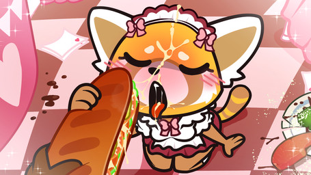 anthro biped blush bottomwear breasts clothed clothing female food kneeling mayonnaise open_mouth sandwich_(food) solo_focus suggestive suggestive_food tongue tongue_out topwear canaryprimary aggretsuko sanrio retsuko ailurid mammal red_panda 16:9 hi_res widescreen