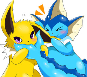 ambiguous_feral ambiguous_gender big_tail bite biting_another blue_body blue_tail blush blush_lines duo ear_bite ear_fins feral fin fur happy head_fin purple_eyes romantic romantic_couple simple_background tail tail_bite tail_in_mouth white_background yellow_body yellow_fur ambilly_aniki nintendo pokemon aquatic eeveelution generation_1_pokemon jolteon mammal pokemon_(species) vaporeon 2022 colored digital_media_(artwork) hi_res shaded simple_shading