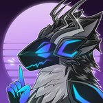 4_eyes abstract_background anthro black_body black_fur blue_eyes effects emblem eyebrows fur glowing horn machine male metal multi_eye neon screen shush silence_gesture solo synthwave teeth white_body white_fur foxtheskrinn nexus_the_proto protogen 1:1 bust_portrait hi_res icon portrait