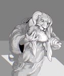 ambiguous_gender anthro bite clothing eating food holding_food holding_object looking_aside robe simple_background solo molvno canid canine canis domestic_dog mammal digital_media_(artwork) greyscale hi_res monochrome