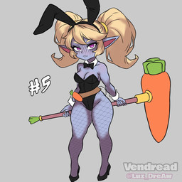 black_bow_tie black_clothing black_footwear black_leotard black_shoes blonde_hair blue_body blue_fur blush blush_lines bow_tie breasts bunny_costume cleavage clothed clothing costume cuffs_(clothing) eyelashes fake_ears fake_rabbit_ears female fishnet_clothing fishnet_legwear footwear front_view fur grey_background hair high_heels holding_object holding_weapon humanoid_pointy_ears legwear leotard pigtails pointy_ears purple_eyes shoes simple_background solo thick_thighs weapon wide_hips luz_dreaw league_of_legends riot_games tencent poppy_(lol) humanoid yordle 1:1 hi_res