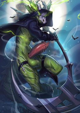 anthro balls big_balls big_penis biped cloak cloak_only clothed clothed_anthro clothed_male clothing front_view genitals green_body green_eyes green_stripes green_tail holding_melee_weapon holding_object holding_polearm holding_scythe holding_weapon horn huge_balls huge_penis looking_at_viewer male markings melee_weapon mostly_nude penis polearm scythe smile solo striped_body striped_markings striped_tail stripes tail tail_markings weapon tlt_echelon lizard reptile scalie 2025 digital_drawing_(artwork) digital_media_(artwork) hi_res