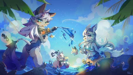 ambiguous_gender anthro clothing female group male plant rubber_duck school_swimsuit sea swim_ring swimwear water lingin musico_(character) yushin_(character) arthropod canid canine canis domestic_cat felid feline felis hybrid insect lepidopteran mammal moth wolf 16:9 hi_res widescreen