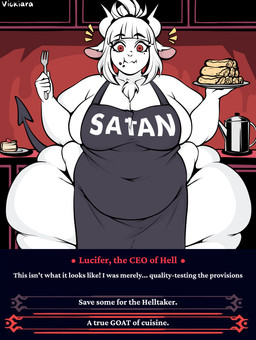 anthro belly big_belly big_butt butt cake dessert eating fat_rolls feederism female food huge_thighs kitchen morbidly_obese obese overweight pancake solo stuffing text thick_thighs vickiara helltaker goat_lucifer_(helltaker) bovid caprine goat mammal absurd_res english_text hi_res