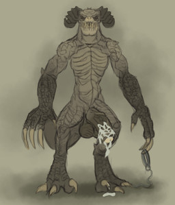 anthro balls bodily_fluids claws collar cum erection genital_fluids genitals horn humanoid_genitalia humanoid_penis looking_at_viewer male non-mammal_balls nude penis simple_background solo xdarkspace fallout microsoft deathclaw monster reptile scalie 2019 absurd_res hi_res