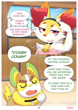 3_fingers 3_toes ambiguous_anthro ambiguous_feral ambiguous_gender anthro arm_tuft biped bodily_fluids cheek_tuft clothed clothed_anthro clothing collar cowbell cowbell_collar cute_fangs detailed_background dialogue duo eyes_closed facial_tuft fake_horns fangs feet feral fingers front_view fur half-closed_eyes inner_ear_fluff inside multicolored_body multicolored_fur narrowed_eyes open_mouth orange_body orange_eyes orange_fur orange_nose page_number pointy_ears prick_ears profanity quadruped shoulder_tuft standing sweat sweatdrop tan_body teeth text toes tongue tuft white_body white_fur yellow_body yellow_fur yellow_nose nikkibunn nintendo pokemon ellie_the_braixen braixen canid canine generation_6_pokemon generation_8_pokemon mammal pokemon_(species) yamper 2026 artist_name cel_shading comic digital_media_(artwork) english_text hi_res shaded male_(lore)