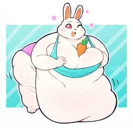 anthro belly belly_on_ground big_belly big_breasts breasts carrot chubby_cheeks clothed clothing double_chin fat_legs female food food_between_breasts freckles fur heart_symbol huge_belly huge_breasts looking_at_viewer love_handles morbidly_obese morbidly_obese_anthro morbidly_obese_female obese obese_anthro obese_female one_eye_closed open_mouth open_smile overweight overweight_anthro overweight_female plant red_eyes simple_background smile solo vegetable white_body white_fur wink robirobi animal_crossing nintendo ruby_(animal_crossing) lagomorph leporid mammal rabbit 2025 hi_res signature