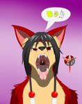 anthro belly black_hair bodily_fluids food fruit fur gaping_mouth hair lemon long_hair male open_mouth plant red_body red_eyes red_fur simple_background solo tan_belly tan_body tan_fur tears tongue uvula vore furryjack_4444 canid canine canis mammal wolf absurd_res hi_res